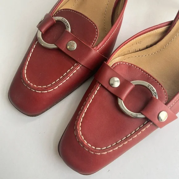 Coach Italy Sheri Red Kitten Heel Silver Buckle Mule loafers size 6B - Picture 9 of 11